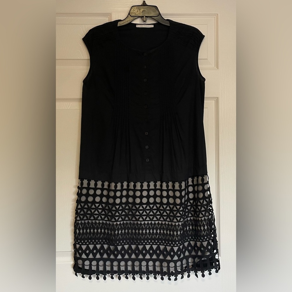 DIDIER PARAKIAN Couture Black White Embroidered Boho Shift Mini Dress. Size 40.